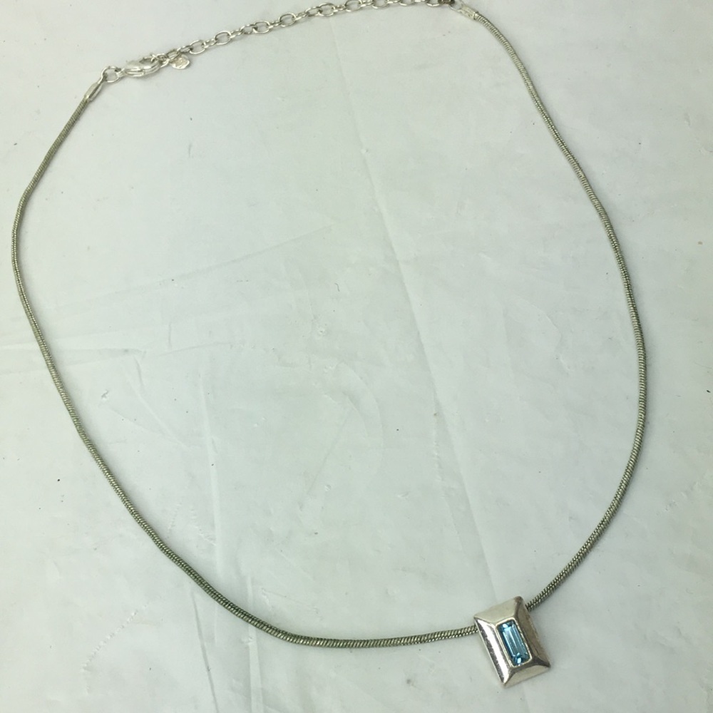 Premier design silver tone blue glass pendant necklace 18" chain